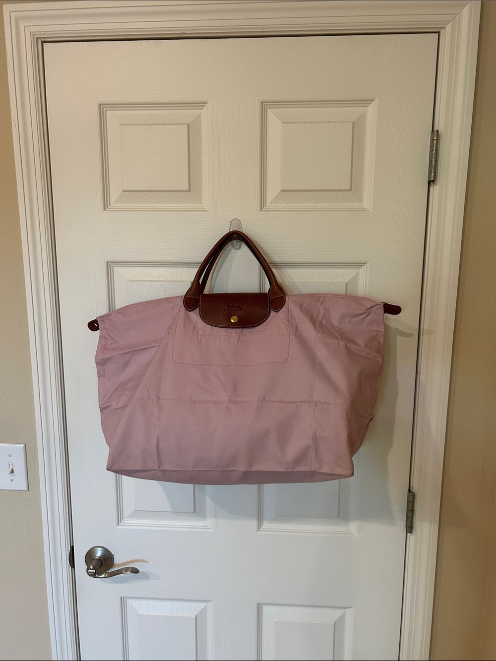 Lonhchamp Le Pliage large Pink Foldable Tote Bag with Brown Trim